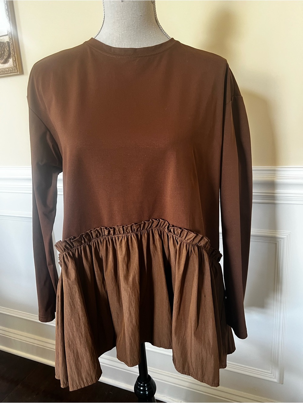 Chocolate Brown, Long-Sleeve Ruffled, Peplum Hem Crew Neckline Top.